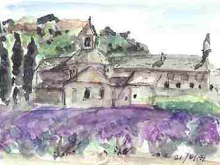 Watercolor of an ancient Cistercian abbey and lavender field